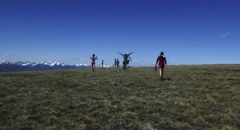 A group of people hike across a grassy meadow toward snow-capped mountains in the background